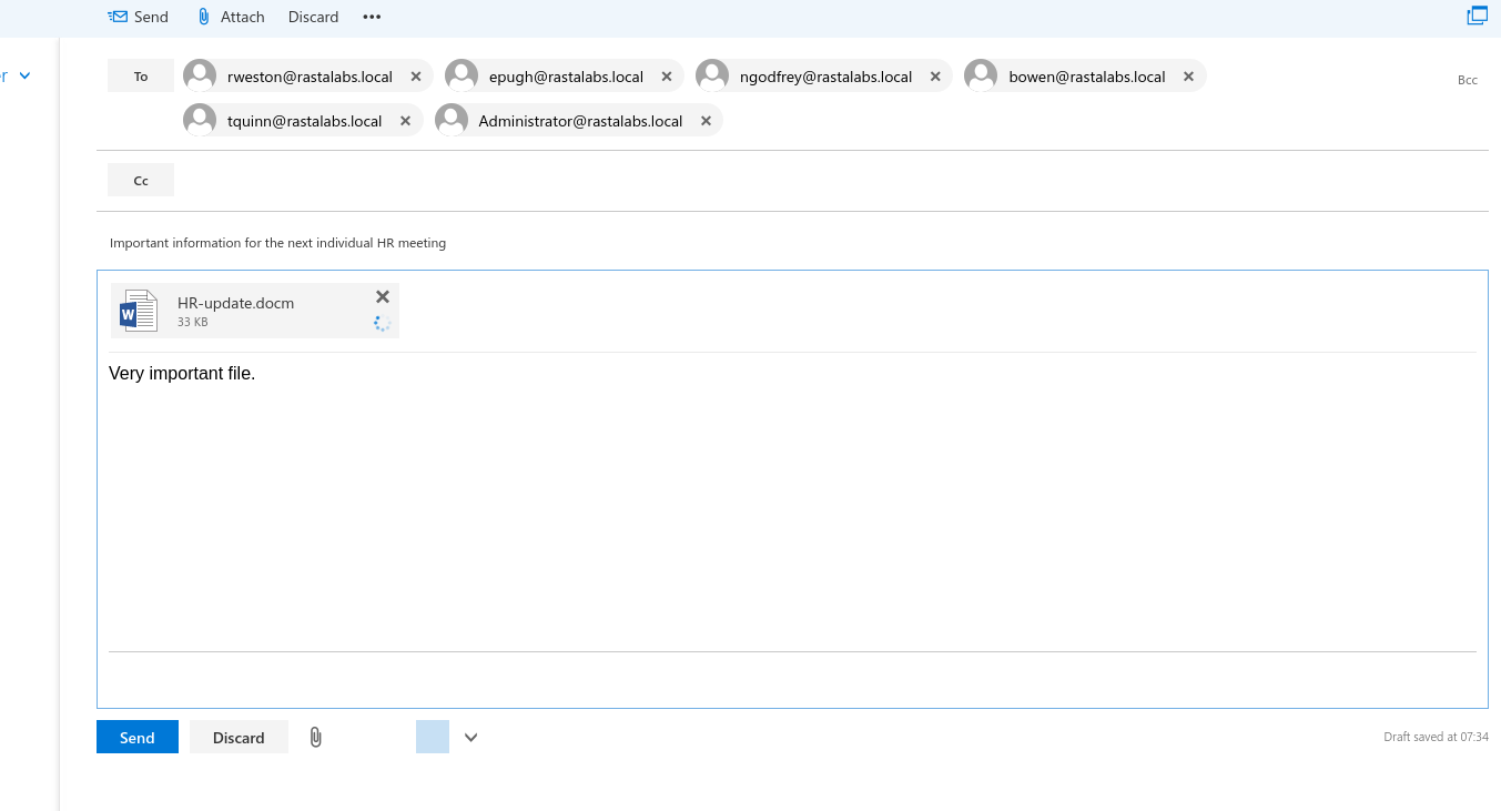 De phishing-mail vanuit de HR-mailbox met het macro-document