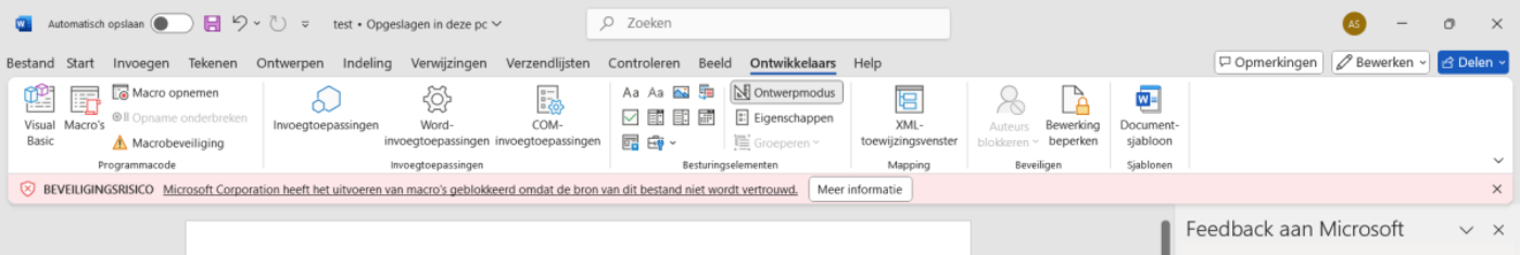 Word blokkeert de macro met een beveiligingswaarschuwing